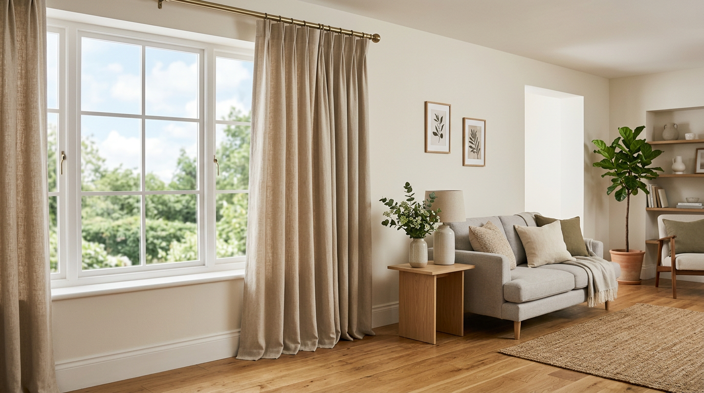 Cortina bege em sala de estar após serviço de limpeza