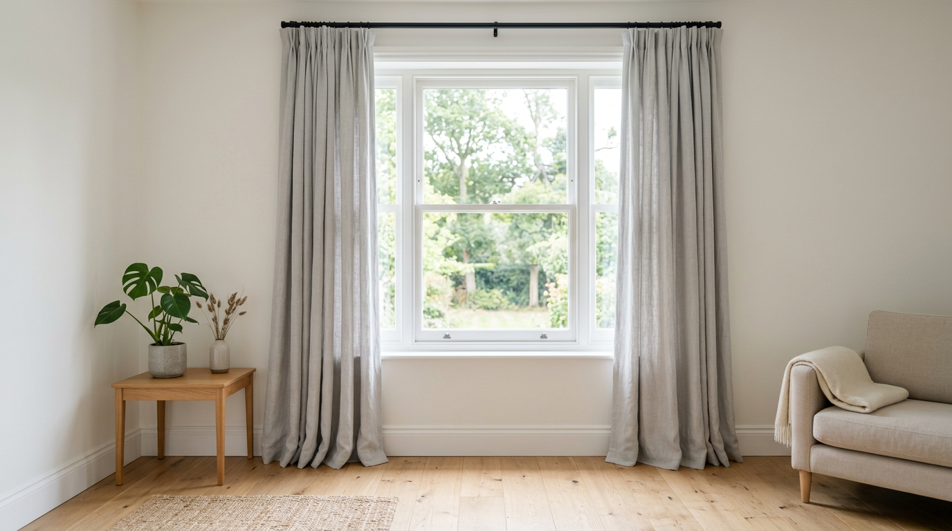Cortinas cinza claro em janela de sala, ambiente limpo
